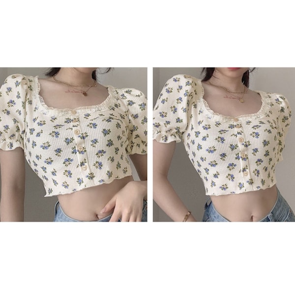 Kort Puffärm Topp Blommig Spetskant Krage Slim Fit Retro Trendig Dam T-shirt för Sommar Blå S