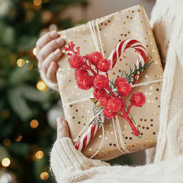 Julglitterbärstjälkar, 20 cm konstgjorda juldekorationer för julgransprydnader, DIY julkrans, hantverk, helg- och heminredning Red