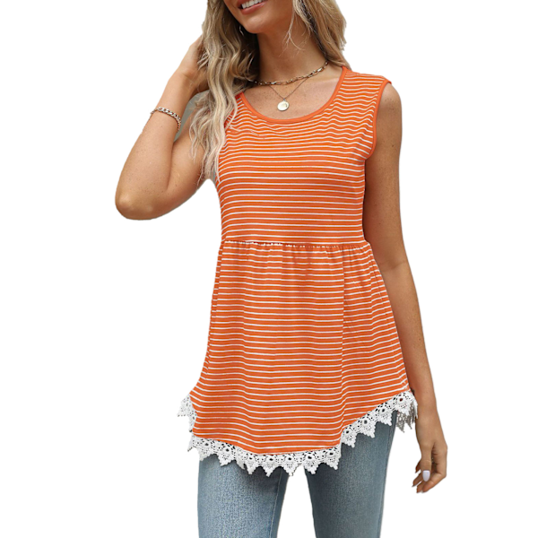 Dam Rundhalsad Tank Top Randigt Mönster Volangfåll Spetskant Sommar Ärmlös Väst Orange XL