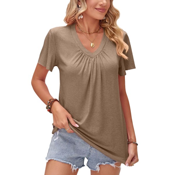Sommartopp för damer, ledig, lös passform, kort volangärm, rynkad byst, V-ringad T-shirt för kvinnor, Khaki M