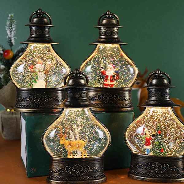 Jul Snöglobslykta, Cylinder Glitter Snöglob, Brons Jul Snöglober, Lykta med Julgran Snögubbe Dekor Style 2
