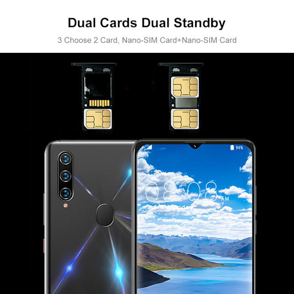 MIQOO A91 Ansiktsigenkänning Fingeravtrycksupplåsning 6,7 tums Skärm 1440x3040 Dubbla Kort Dubbel Standby Smartphone 6+128G Svart 100-240V med 128G Minne