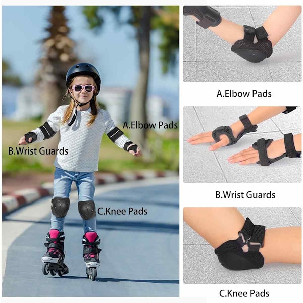 Knäskydd och armbågsskydd för barn/ungdomar med handledsskydd 3 i 1 Skyddsset för barn 3-14 år för skateboard, rullskridskoåkning, skidåkning black