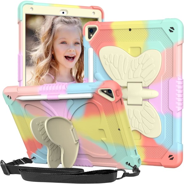 Case för iPad 9:e/8:e/7:e generationens case med pennhållare axelrem, Butterfly iPad 10,2 tum Case 2021/2020/2019 för Kid Girl