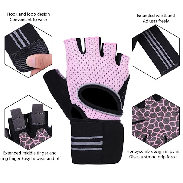 BOODUN 1 Par Halkskydd Sport Viktlyftning Halvfinger Skydd Gymhandskar (Rosa, L)