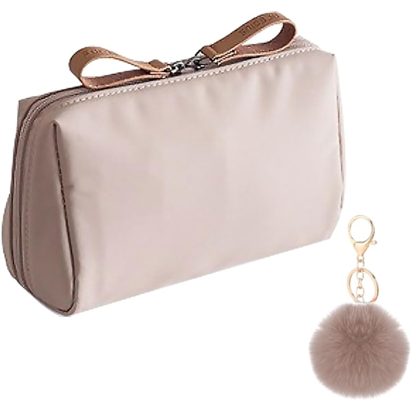 Damernas Bärbara Sminkväska med Fluffig Bollhänge, Brun Nylon Kosmetikväska för Resor Brown
