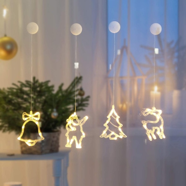 4 LED-ljus, jultomten, klockor, bilder på renar och trädfönster, LED-dekoration, drivs av batteri med sugkopp. Julfönster -