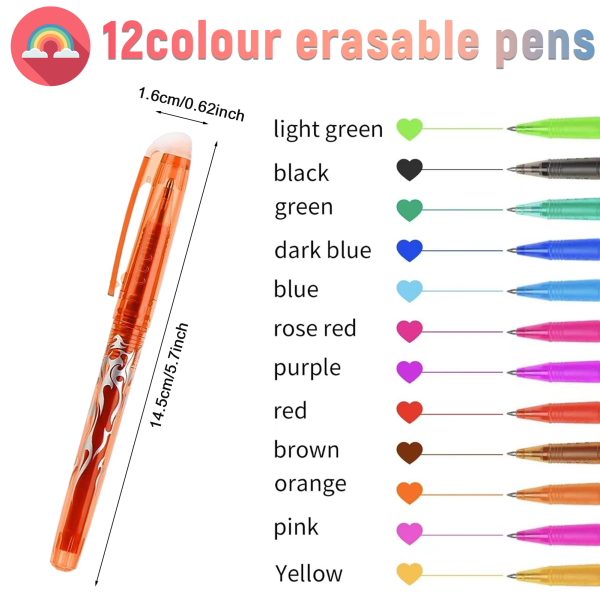 Raderbara gelpennor, 12 st 0,5 mm raderbar bläck rullbollspennor Snabbtorkande flytande penna med gummi för skolans kontorsmateriel Skrivpennor