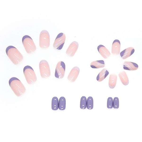 Franska Tips Press on Nails Korta Falska Naglar Ovala Lila Naglar för