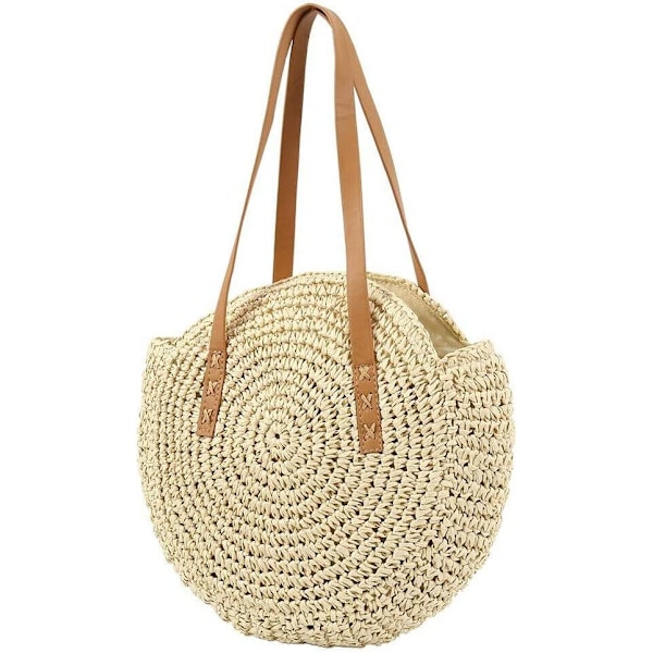 Rund vävd väska i beige halm - stor sommarstrandväska för kvinnor Resa boho halmväska