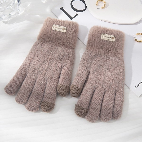 Dam Höst Vinter Handskar Damcykling Rader Varma Finger Enfärgad Pekskärm Fleece Förtjockad Stickad camel