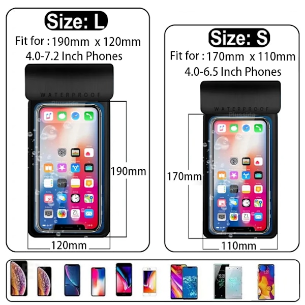 IPX8 Universal Vattentätt Fodral för iPhone 13 Vattentätt Fodral för iPhone 13 14 15 Plus 12 16 Mini Undervatten Mobilskydd Black S Black S