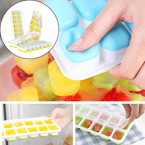 Isbitsform med Lock och Behållare, 4-pack Silikon Plast Isbitsformar för Frysen med Isbox, Stapelbar Isbitsform med Förvaringskit för Is Yellow
