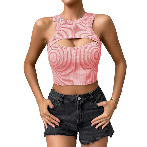 Dam Casual Cut Out Tank Top Ribbad Stickad Ärmlös Rund Hals Slim Passform Topp för Sommar Blekt Rosa Grå S