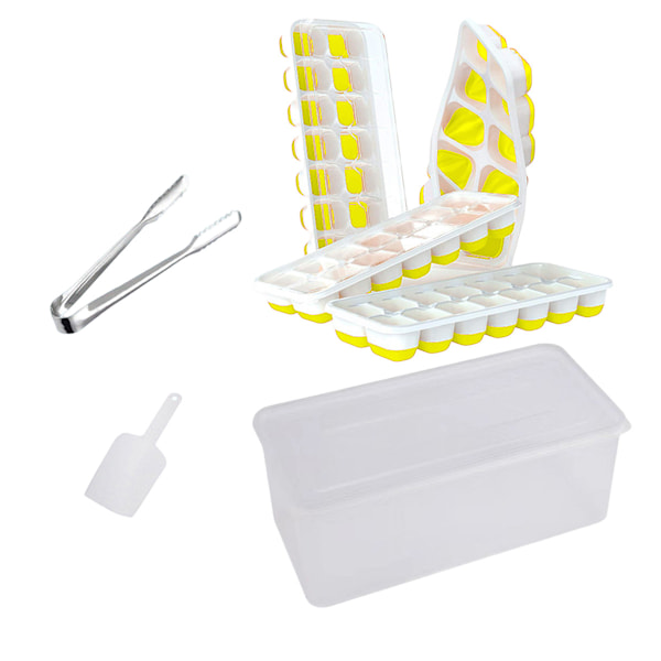 Isbitsform med Lock och Behållare, 4-pack Silikon Plast Isbitsformar för Frysen med Isbox, Stapelbar Isbitsform med Förvaringskit för Is Yellow