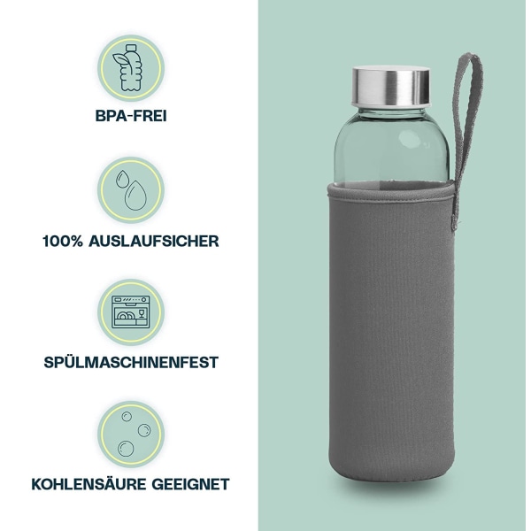 Glasflasche 1l mit Neoprenhülle | Trinkflasche aus Glas i 500ml med Schutzhülle och Edelstahldeckel | Wasserflasche für Sport, Büro, Schule &