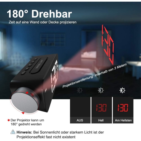 YISSVIC Projektionsväckarklocka FM Radioväckarklocka 6,5'' LED-display Projektionsklocka Enkel Snooze 3 Justerbar Ljusstyrka 180° Vridbar Projektor med Adapter