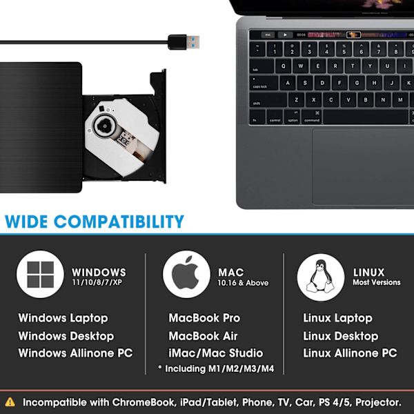 Mycket mångsidig optisk enhet, portabel +/-RW, USB 3.0-teknik för snabb dataöverföring och pålitlig prestanda, lämplig för bärbar och stationär PC