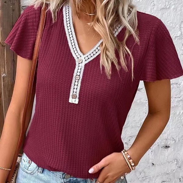 Dam Ruffle Kort Ärm Spets V-ringning Söt Knapp Enfärgad Trendig Casual Blus för Fest Shopping Kontor Mörk Röd S