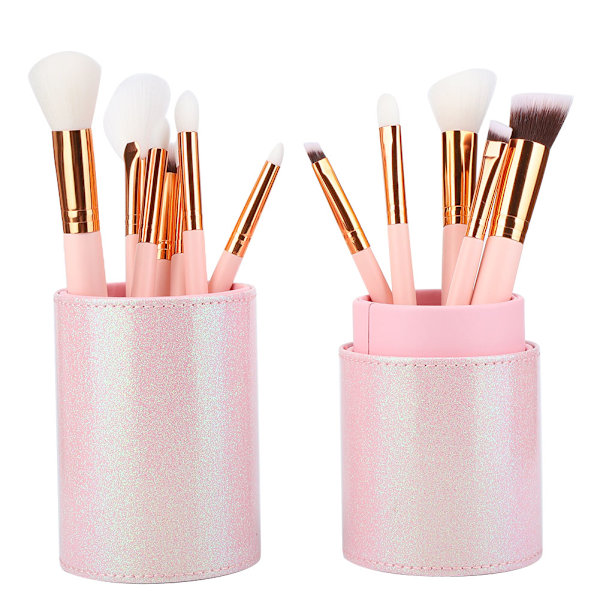 PU Läder Bärbar Makeup Borstar Cylinder Hållare Kosmetisk Organizer Väska Förvaringsbehållare (Utan Spänne)Rosa