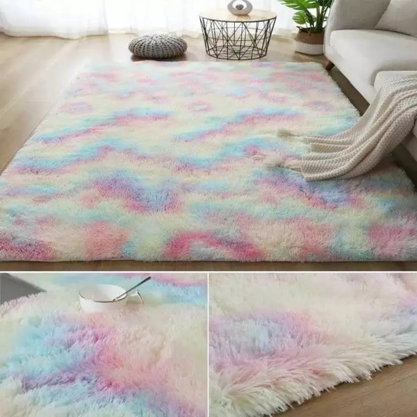 Batikfärgad fluffig matta 40*60cm för sovrum, sängbord, vardagsrum, lekrum Regnbåge