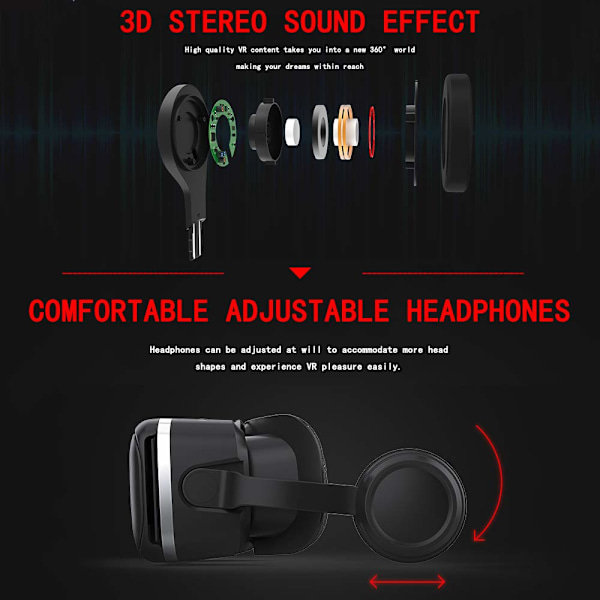 VR-headset med Bluetooth-fjärrkontroll, 3D Phase Sound-teknik för djup ljudupplevelse, flexibelt och justerbart huvudband för