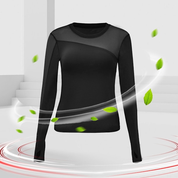 Dam Sport Yoga Långärmad Kläder Mesh Träning Fitness Snabbtorkande (Svart XXL)