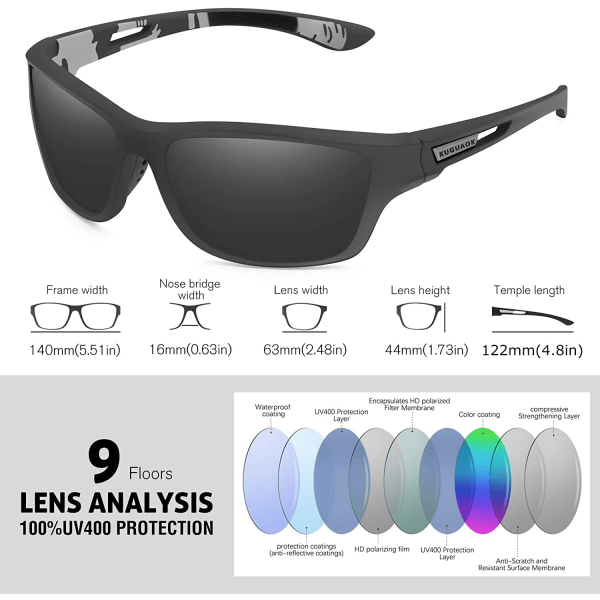 Square polariserade solglasögon för män med UV-skydd med justerbart fjädergångjärn i metall för fiske körning