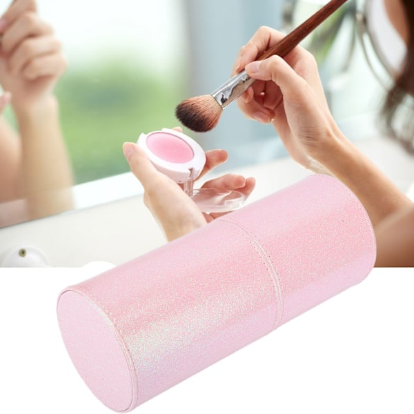 PU Läder Bärbar Makeup Borstar Cylinder Hållare Kosmetisk Organizer Väska Förvaringsbehållare (Utan Spänne)Rosa