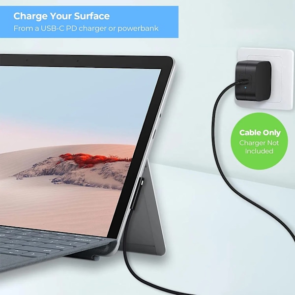 15V 3A Typ C Power Laddare Adapter USB C PD Laddningskabel för Microsoft Surface Pro 8/7/6/5/4/3 Laptop Book 3/2/1 GO Svart 1,5m