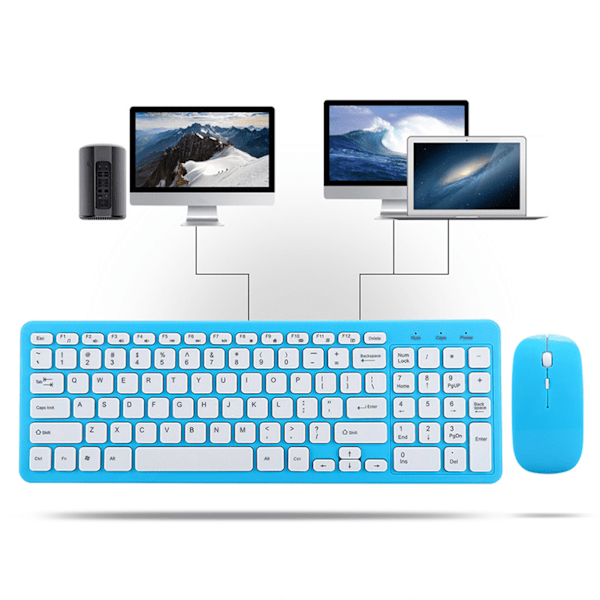 Kompakt trådlöst tangentbord och mus-set i full storlek, 2.4G ergonomisk design för ökad skrivkomfort och tysta klick (Blå)