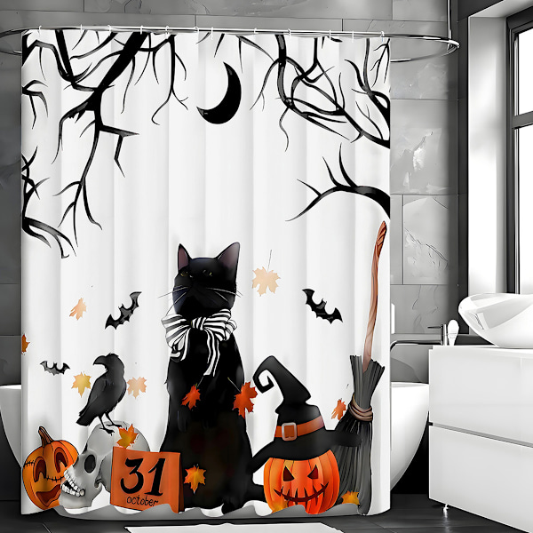 Halloween Duschdraperi Tax Pumpa Fladdermöss Grenar Häxor Duschdraperisatser med 12 Krokar Badrumsdekorationer 180*180cm