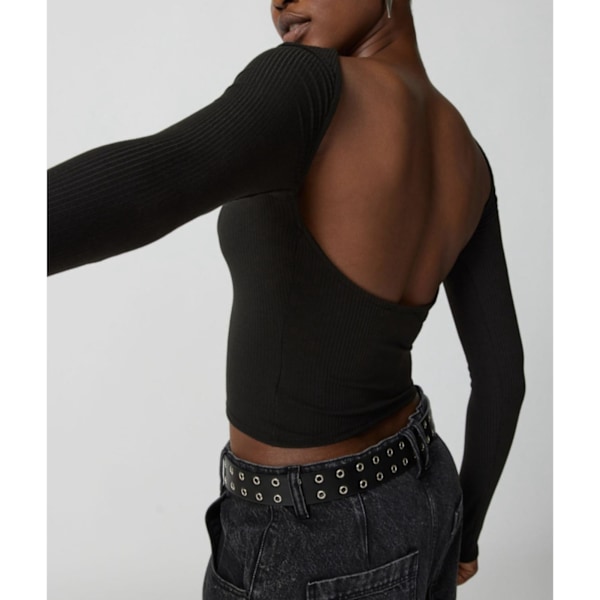 Dam Rygglös Långärmad Topp Trendig Enfärgad Casual Slim Fit Blus för Vardagsbruk Svart S