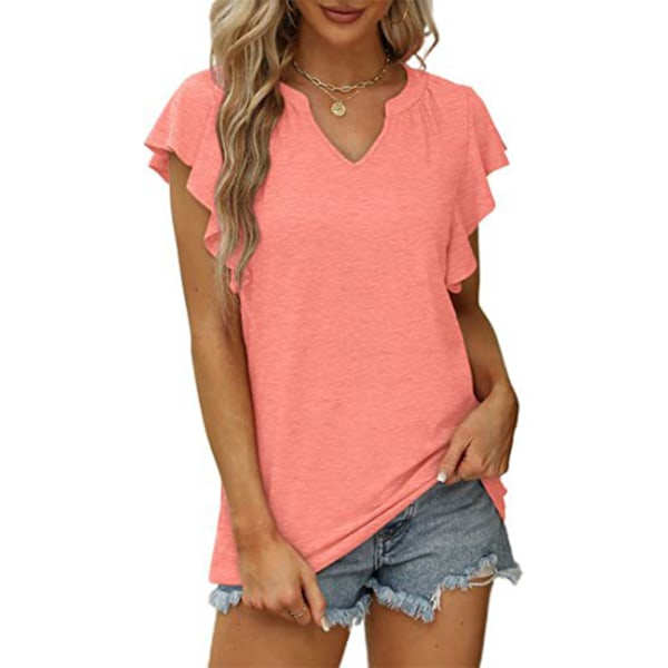Blus med volangärm V-ringad enfärgad tunika kortärmad blus skjorta för kvinnor sommar rosa M