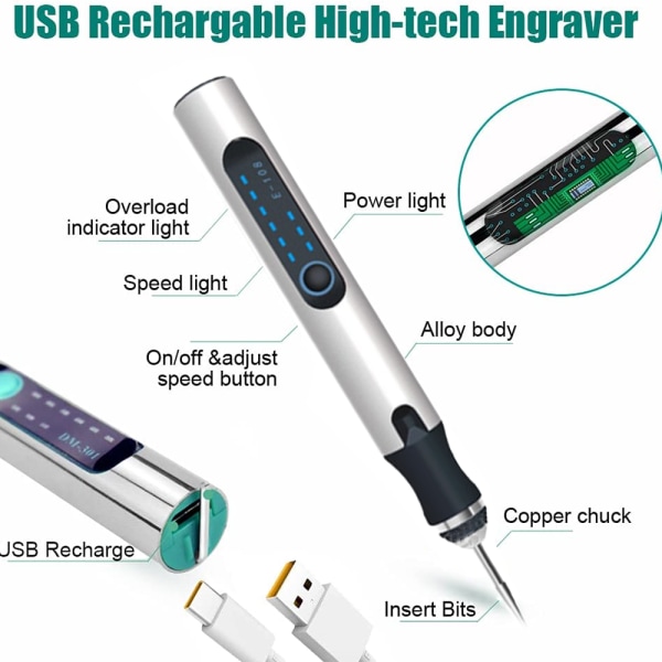 USB-graveringspenna, uppladdningsbar mini-graverare, etsningspenna med graveringstillbehör, sladdlös trägraveringssats för metall, glas, sten, smycken