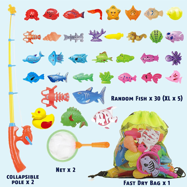 Magnetiskt fiskespöleksak för barn, badleksak för poolparty med fiskespö, nät, flytande plastfiskar – pedagogiskt leksak för småbarn
