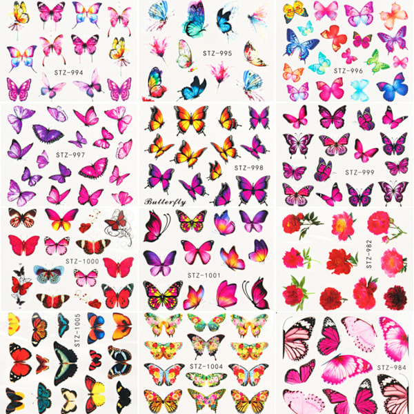 Nail Art Stickers Slider Fjäril Transfer Vatten Set Färgglada Blommor Manikyr Dekaler Nail Art Dekor