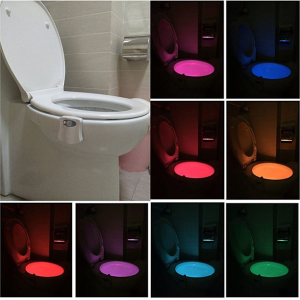 Toalettlampa med Rörelsesensor, Vattentätt Flexibelt PVC-fäste Anpassningsbart till Alla Toaletter, Automatisk På/Av Nattlampa för Badrum, 8 Färgers LED