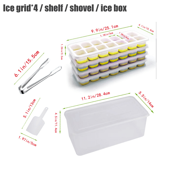Isbitsform med Lock och Behållare, 4-pack Silikon Plast Isbitsformar för Frysen med Isbox, Stapelbar Isbitsform med Förvaringskit för Is Yellow