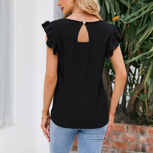 Dam T-shirt V-ringning Volang Lös Ärm Spetskant Enfärgad Nyckelhålsrygg Tröja Topp Svart L