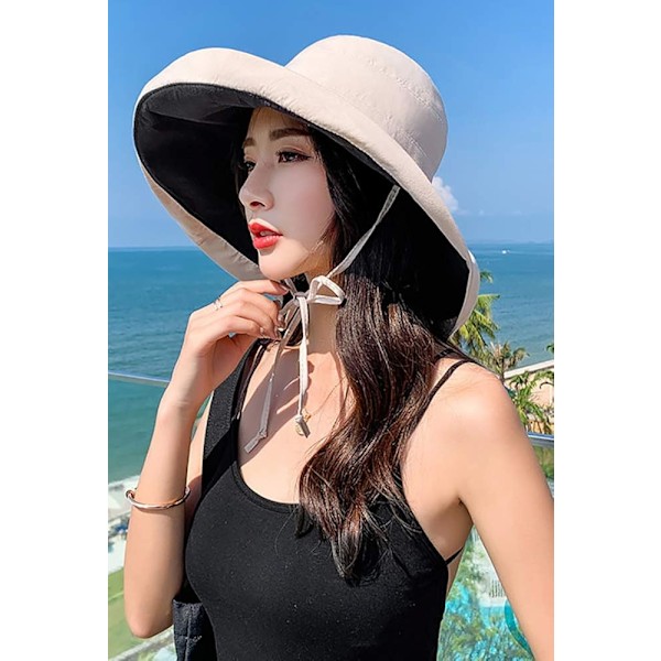 Solhatt för kvinnor, hopfällbar och vändbar bucket hat med UV-skydd, bredbrättad sommarhatt för stranden$Solhatt för kvinnor, bredbrättad sommarhatt för stranden Beige