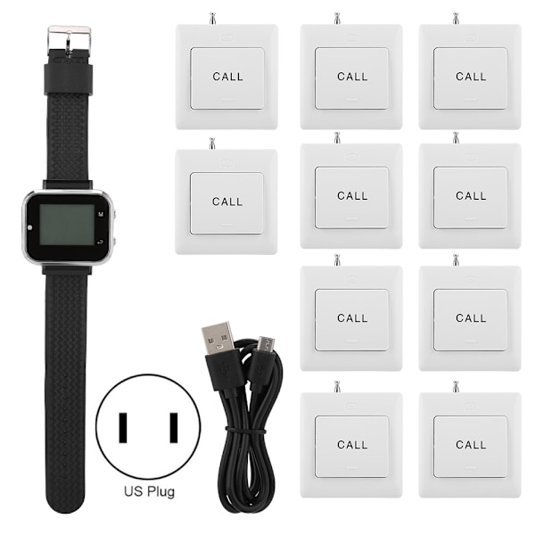 Trådlöst Pagersystem för Vårdgivare Hotell Personsökningssystem Smart Ringknapp 1 Armbandsur 10 Knappar (US)