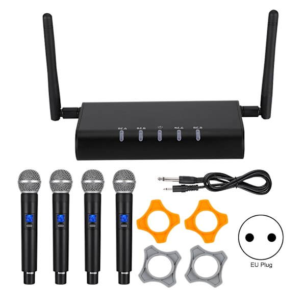 100-240V 907.7~926.15MHz 1 i 4 Professionell Handhållen Trådlös Mikrofon Kit Mikrofon för Karaoke Bröllop Offentliga Tal EU