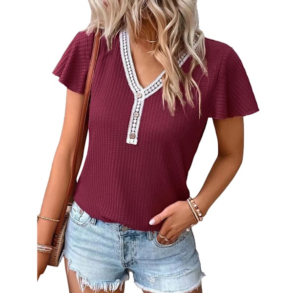 Dam Ruffle Kort Ärm Spets V-ringning Söt Knapp Enfärgad Trendig Casual Blus för Fest Shopping Kontor Mörk Röd S