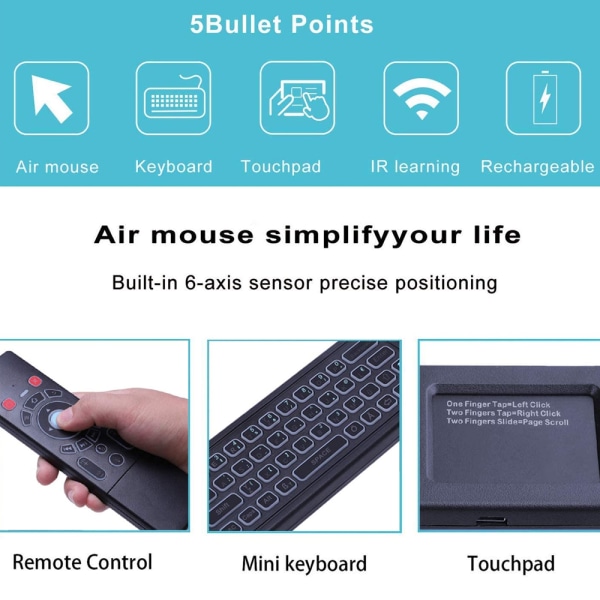 Trådlöst minitangentbord/luftfjärrkontroll/mus/pekplatta med vit bakgrundsbelyst, 2,4 GHz-anslutning, för Android TV Box, HTPC, IPTV, PC, Pad och mer