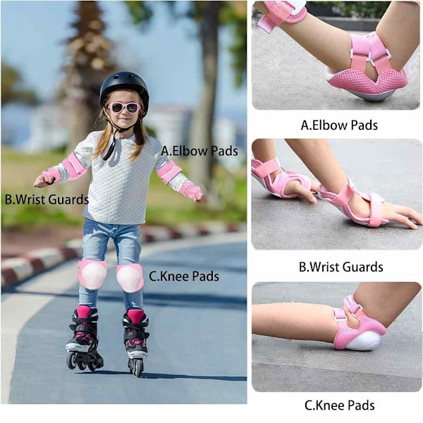 Knäskydd och armbågsskydd för barn/ungdomar med handledsskydd 3 i 1 Skyddsset för barn 3-14 år för skateboard, rullskridskoåkning, skidåkning Pink
