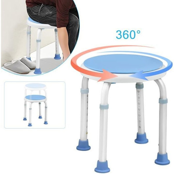 Aufun justerbar duschpall i aluminiumlegering, 360° vridbar sits, 30x30x37-57cm, säker belastning: 136kg