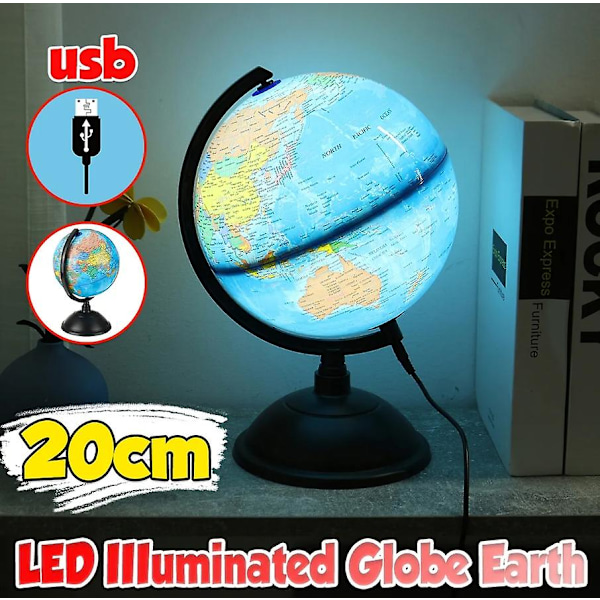 Roterande Världs глобус LED-lampa Upplyst глобус med USB Studie Lek Lärande (FMY)