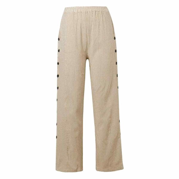 Sommarbyxor för kvinnor, avslappnade byxor med randigt tryck, trendiga byxor med sidoknappar, baggy, elastisk midja, raka ben, bekväma byxor Khaki