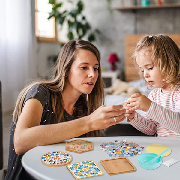 Mosaikkit med träunderlägg, DIY-hantverksmaterialpaket för underläggshandgjorda dekorationsgåvor (2 set)